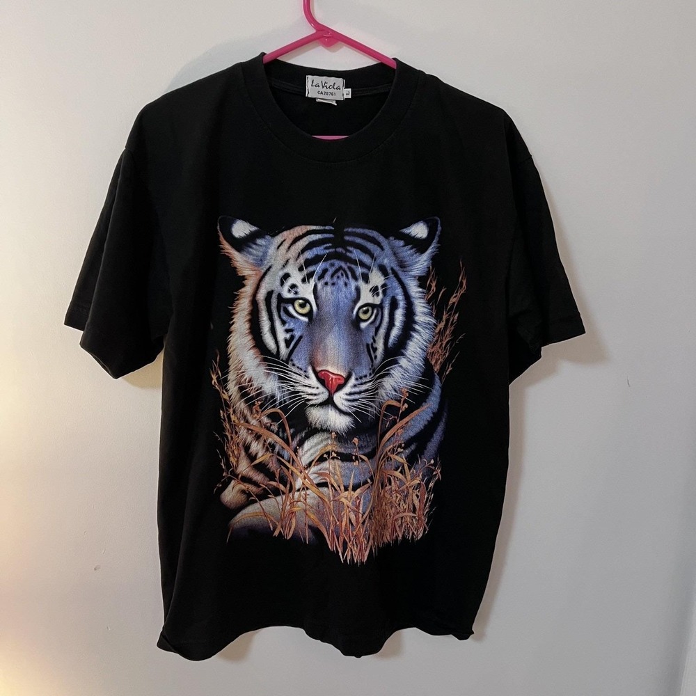 La Viola Men's Black Tiger Graphic T-Shirt L 100% Cotton Double-Sided Animal Tee